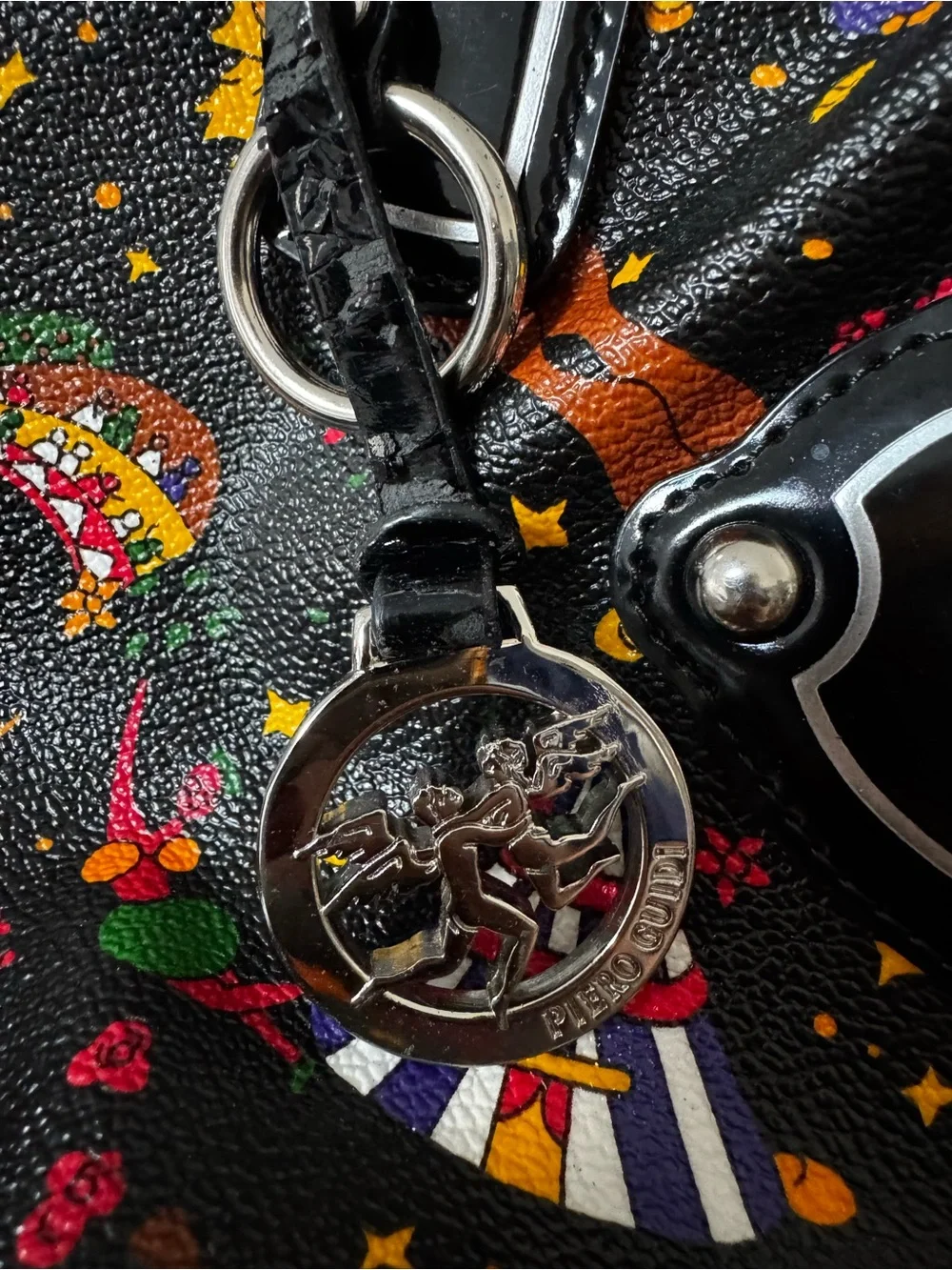 Piero Guidi Black Multicolor Printed Satchel